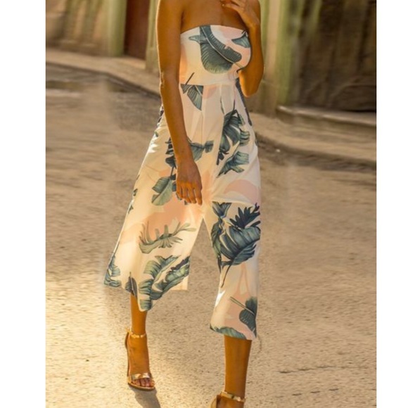 Pants - Strapless White Leaves Printed Wide Leg Jumpsuit